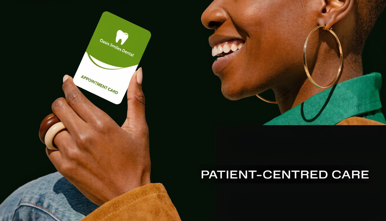 A person holding a green and white Oasis Smiles Dental appointment card in their hand.
