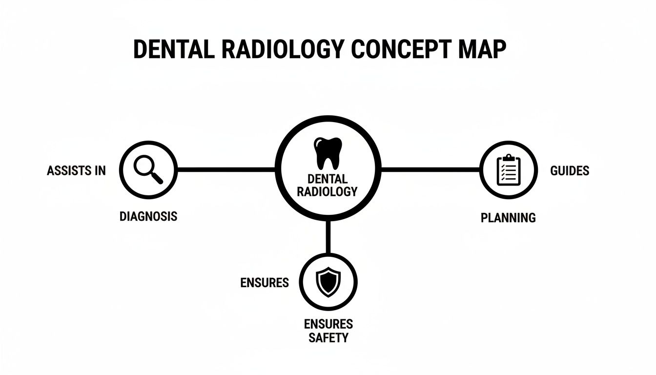 A concept map showing dental radiology assists in diagnosis, guides planning, and ensures safety.