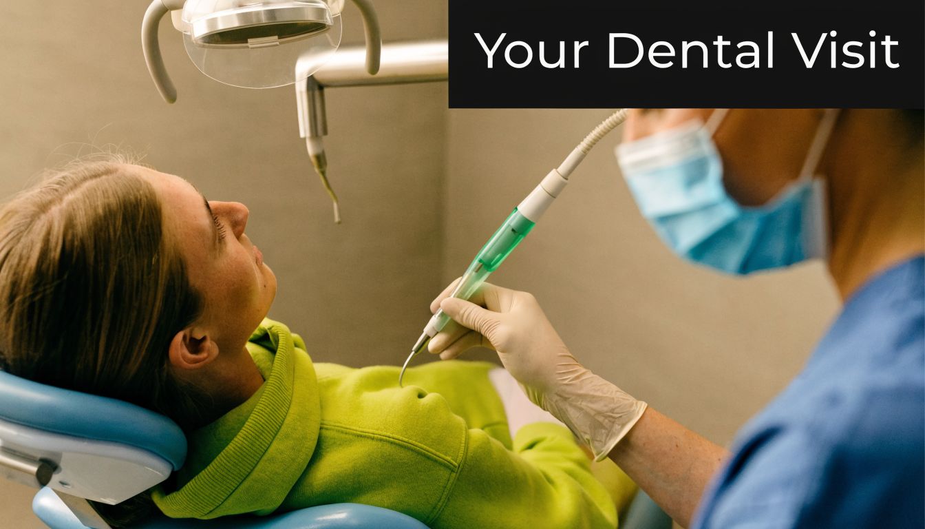 A dentist wearing a mask and gloves performing a teeth scaling procedure on a patient in a clinic.
