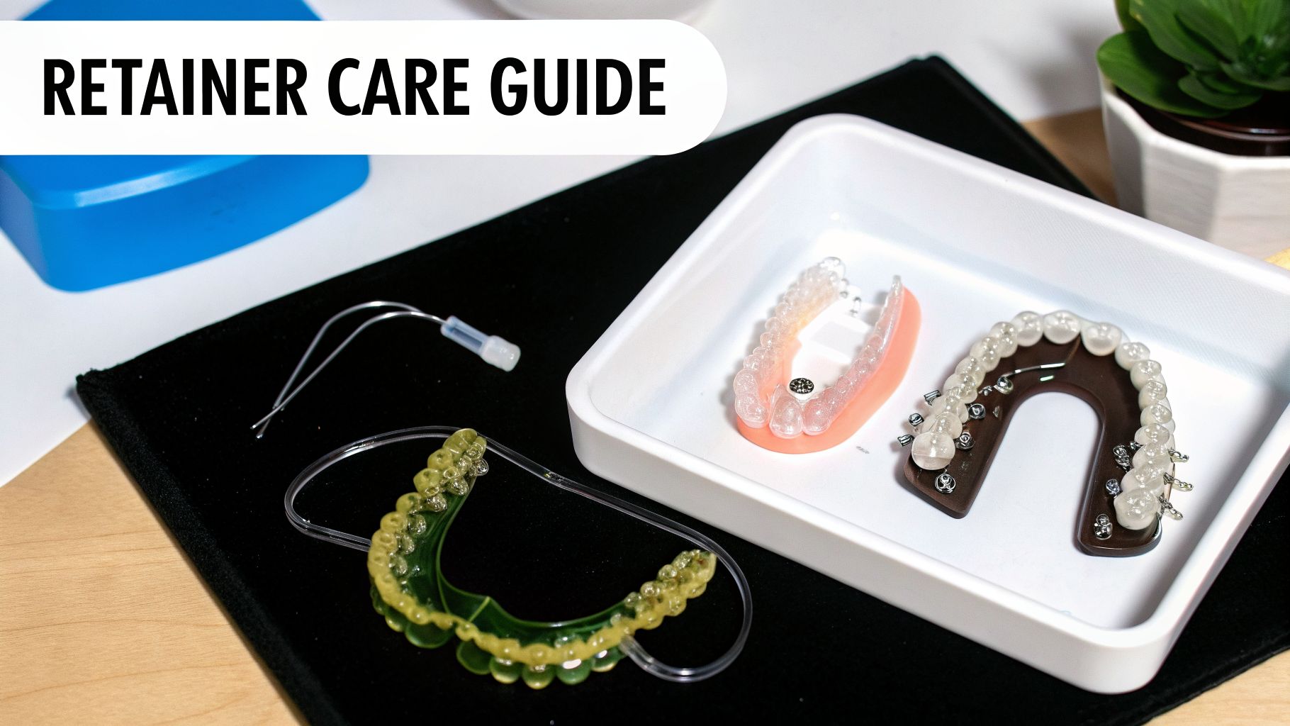 A close-up of different types of dental retainers and a cleaning kit, with a 'RETAINER CARE GUIDE' banner.