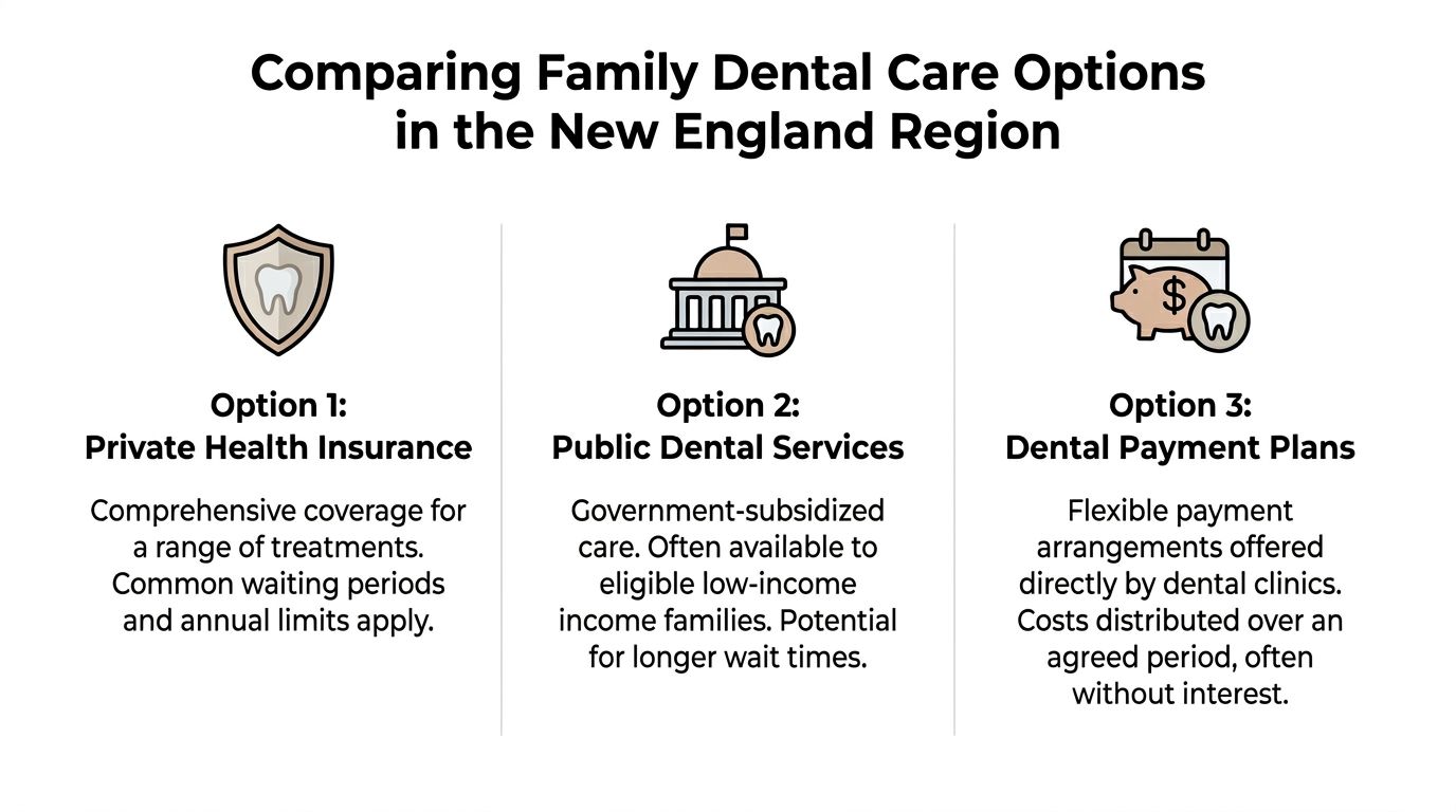 A comparison infographic detailing three common dental care options available for families in the New England region.