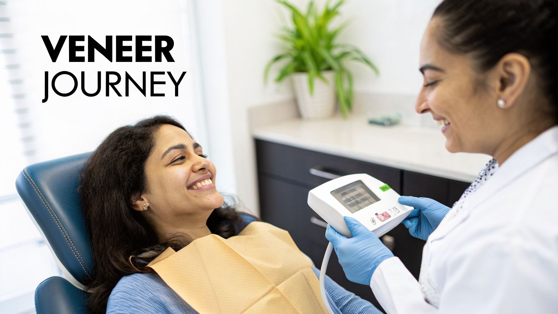 A dentist smiles at a happy patient in a dental chair during a veneer consultation.