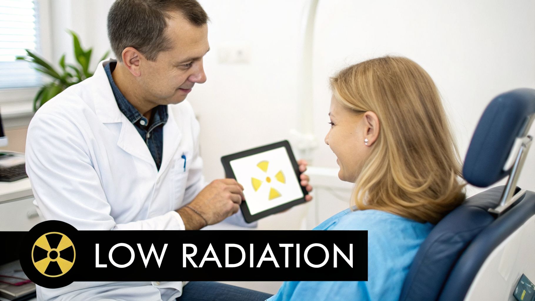 A male doctor in a white coat shows a radiation symbol on a tablet to a female patient, with a 'LOW RADIATION' overlay.
