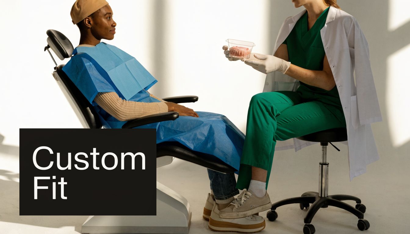 A dentist shows a custom-fit mandibular advancement device to a patient sitting in a dental exam chair.