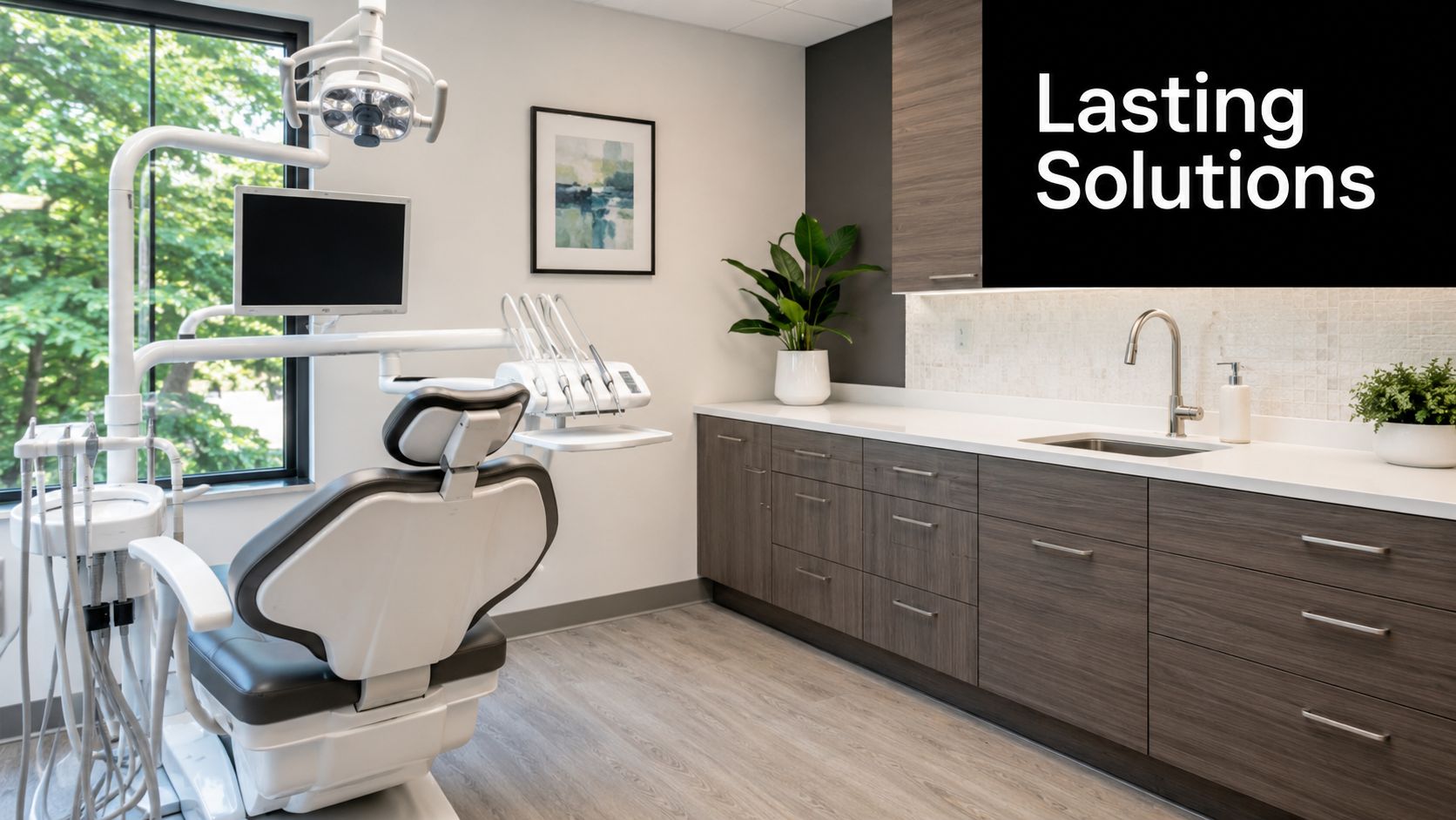 A modern and clean professional dental examination room with equipment, a dental chair, and cabinetry.