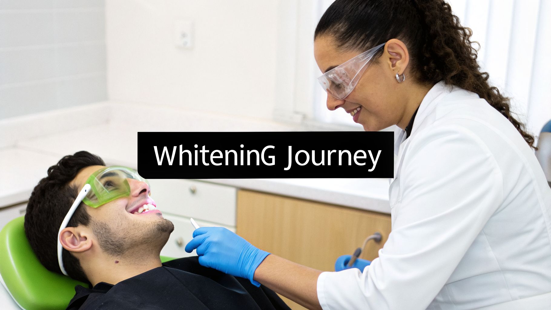 A patient with protective glasses in a dental chair receiving teeth whitening treatment from a smiling dentist.