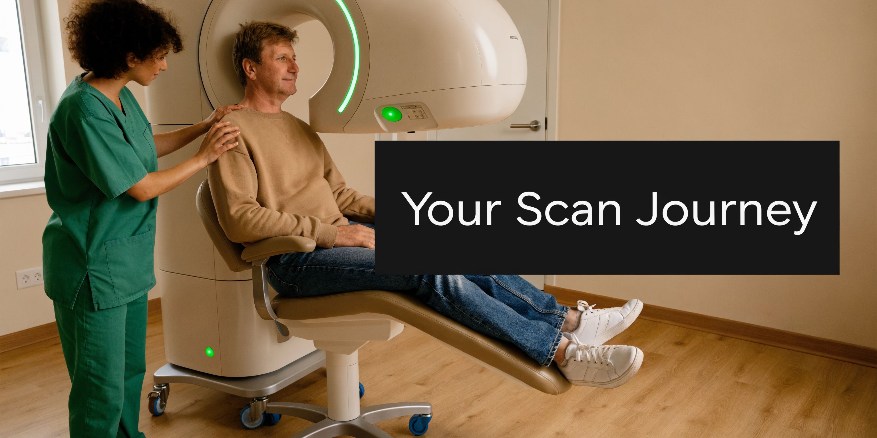 A nurse assisting a patient sitting in a specialized chair for a dental computed tomography scan.