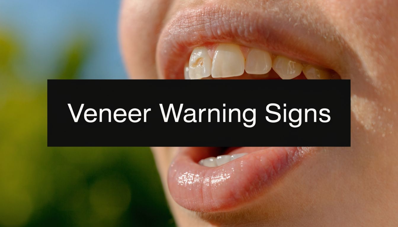 A close-up of a person's teeth showing signs of dental damage under a Veneer Warning Signs label.