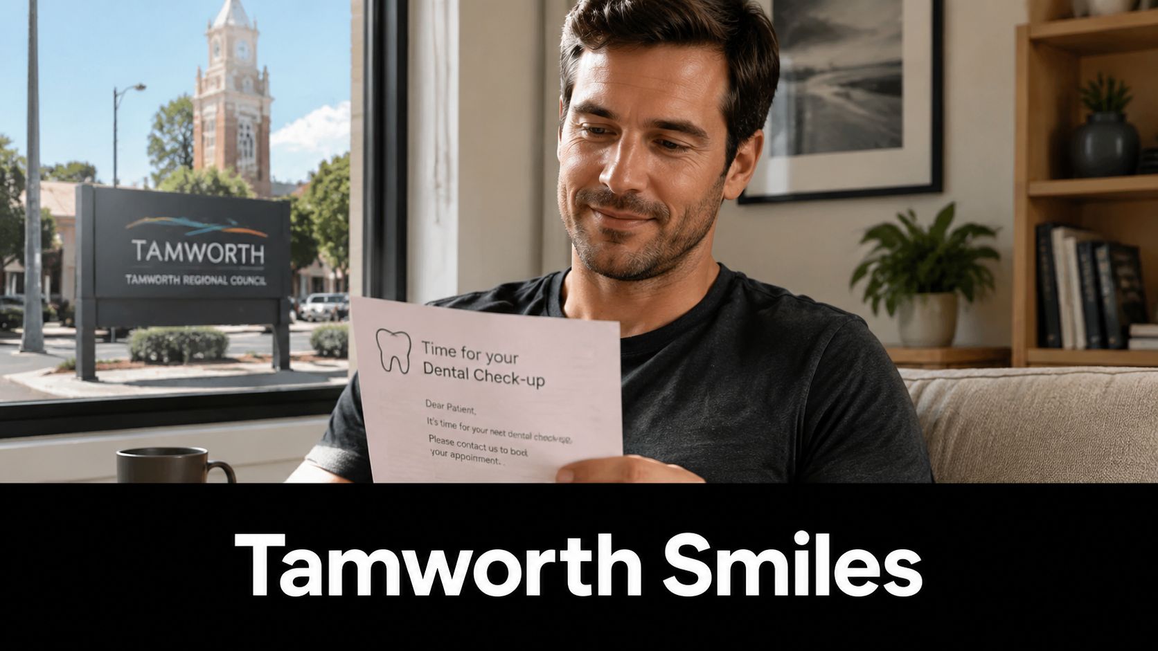 A man smiling while reading a dental check-up reminder letter in a room with a window view.