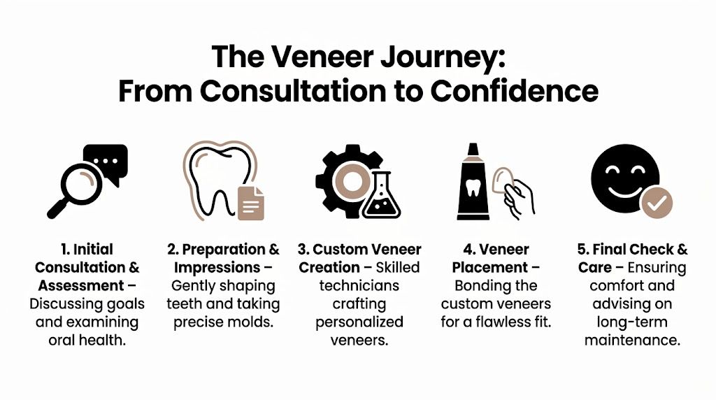A five-step infographic showing the dental veneer process, from initial consultation to the final check and care.