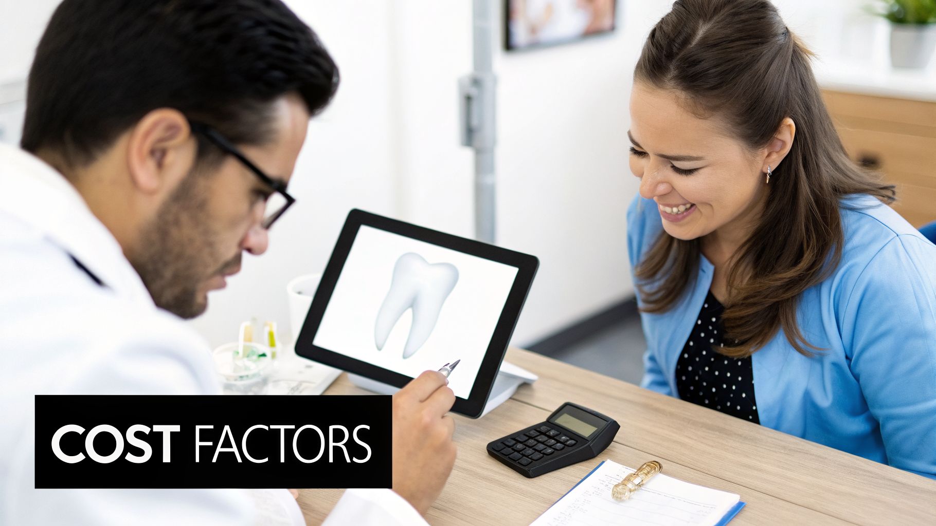A dentist in a white coat shows a 3D tooth model on a tablet to a smiling female patient.