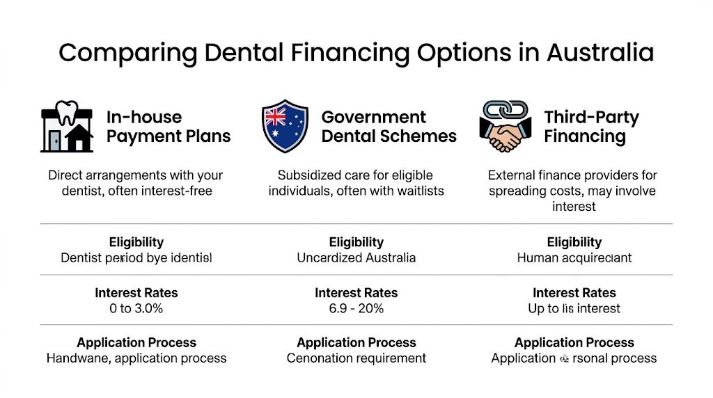 A comparison chart outlining dental financing options in Australia including in-house plans, government schemes, and third-party finance.