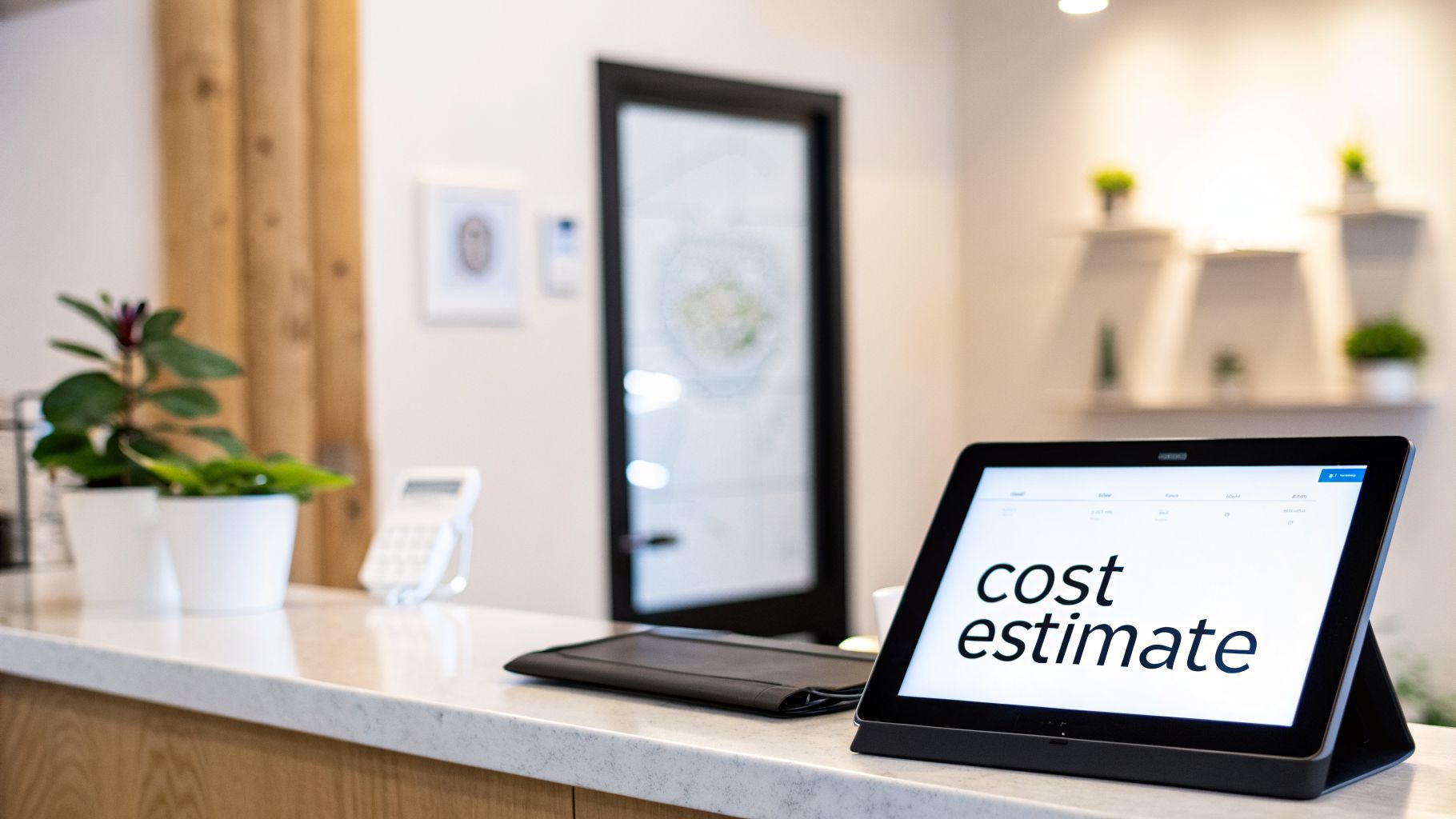 A modern tablet displaying 'cost estimate' on a white counter in a bright office or reception area.