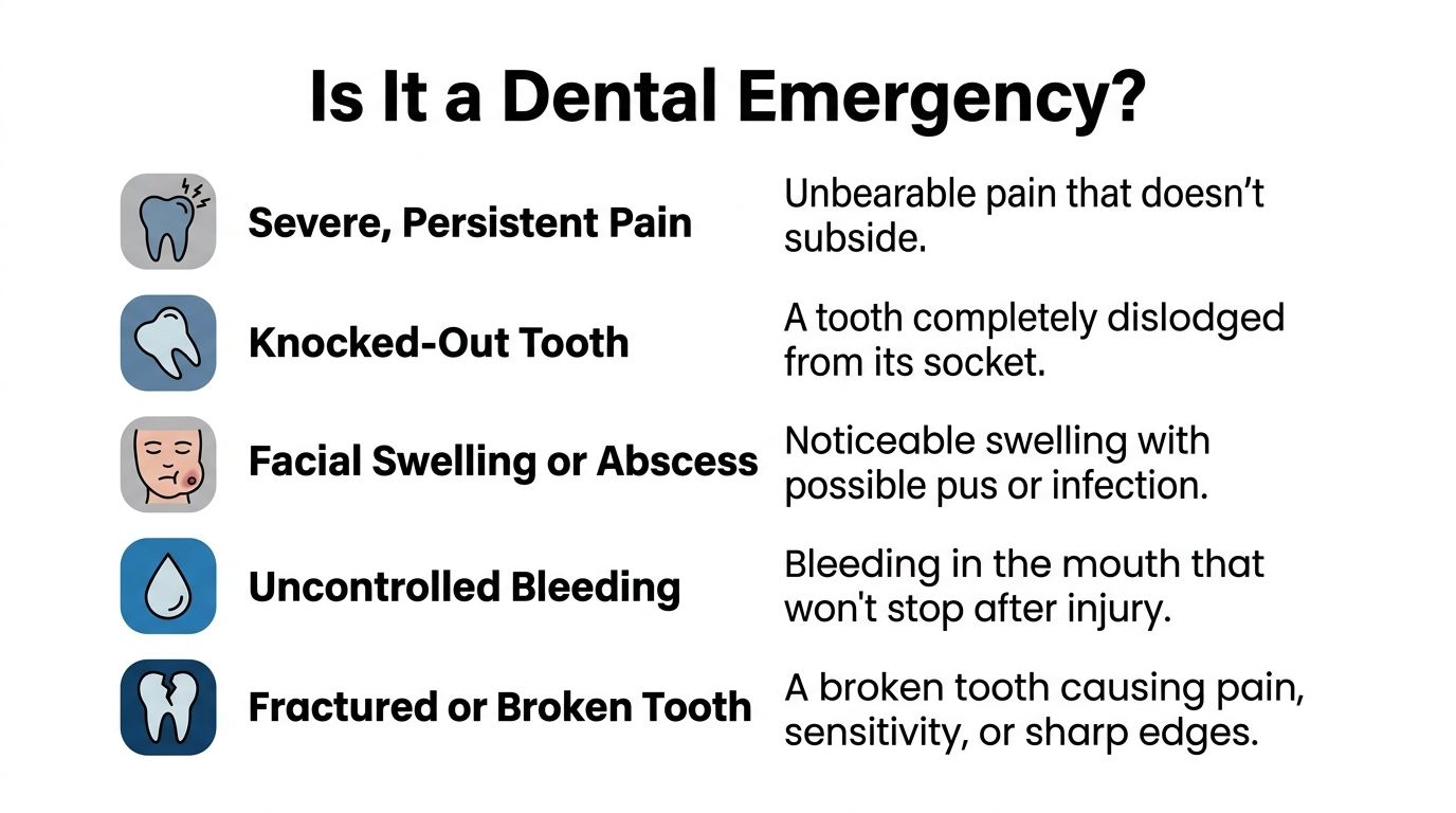 An infographic listing common dental emergency symptoms like severe pain, knocked-out teeth, and facial swelling.