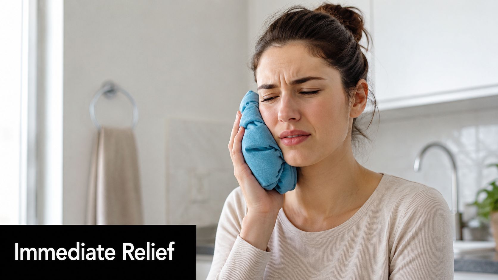 A woman holding a blue ice pack against her cheek, appearing to be in dental pain.