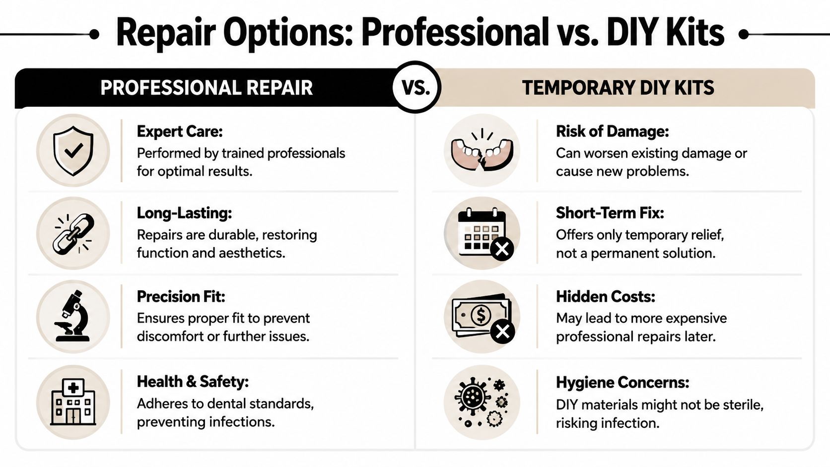 A comparison chart highlighting the benefits of professional dental repairs versus the risks of DIY kits.