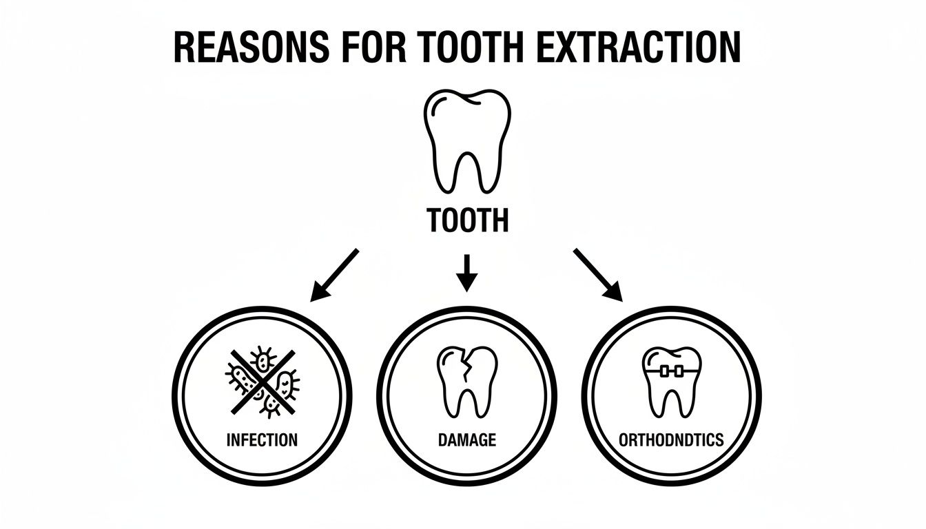 A diagram illustrates three primary reasons for tooth extraction: infection, damage, and orthodontics.