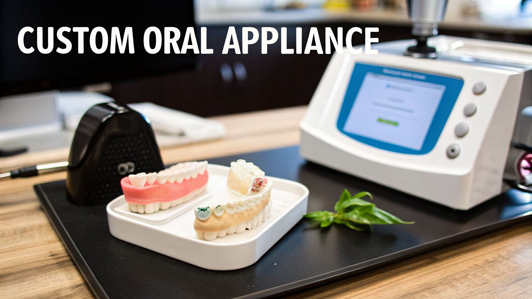 Close-up of custom oral appliance models and a dental scanner on a wooden table in a lab.