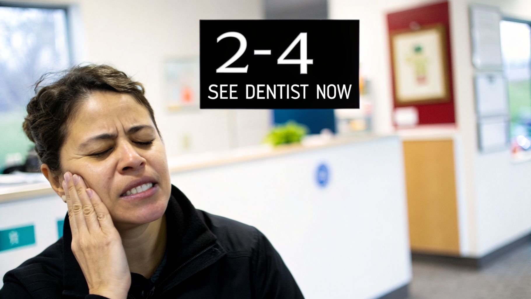 Woman grimacing in pain, holding her jaw in a dental office, with a 'See Dentist Now' sign.