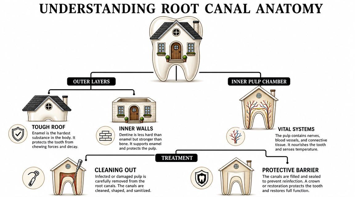 An infographic illustrating root canal anatomy using a house metaphor, showing layers of the tooth and treatment process.