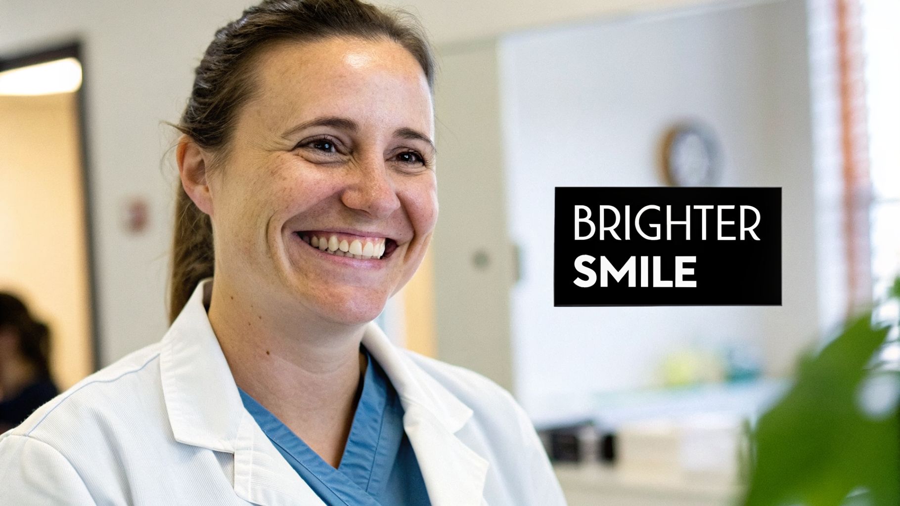 A cheerful woman in a doctor's coat smiles brightly, with text "BRIGHTER SMILE" visible.