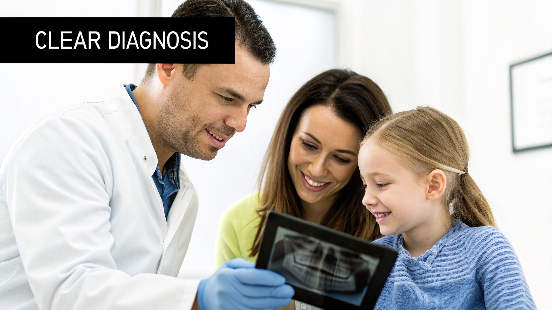 A male dentist shows a dental X-ray on a tablet to a smiling mother and her child during a checkup.