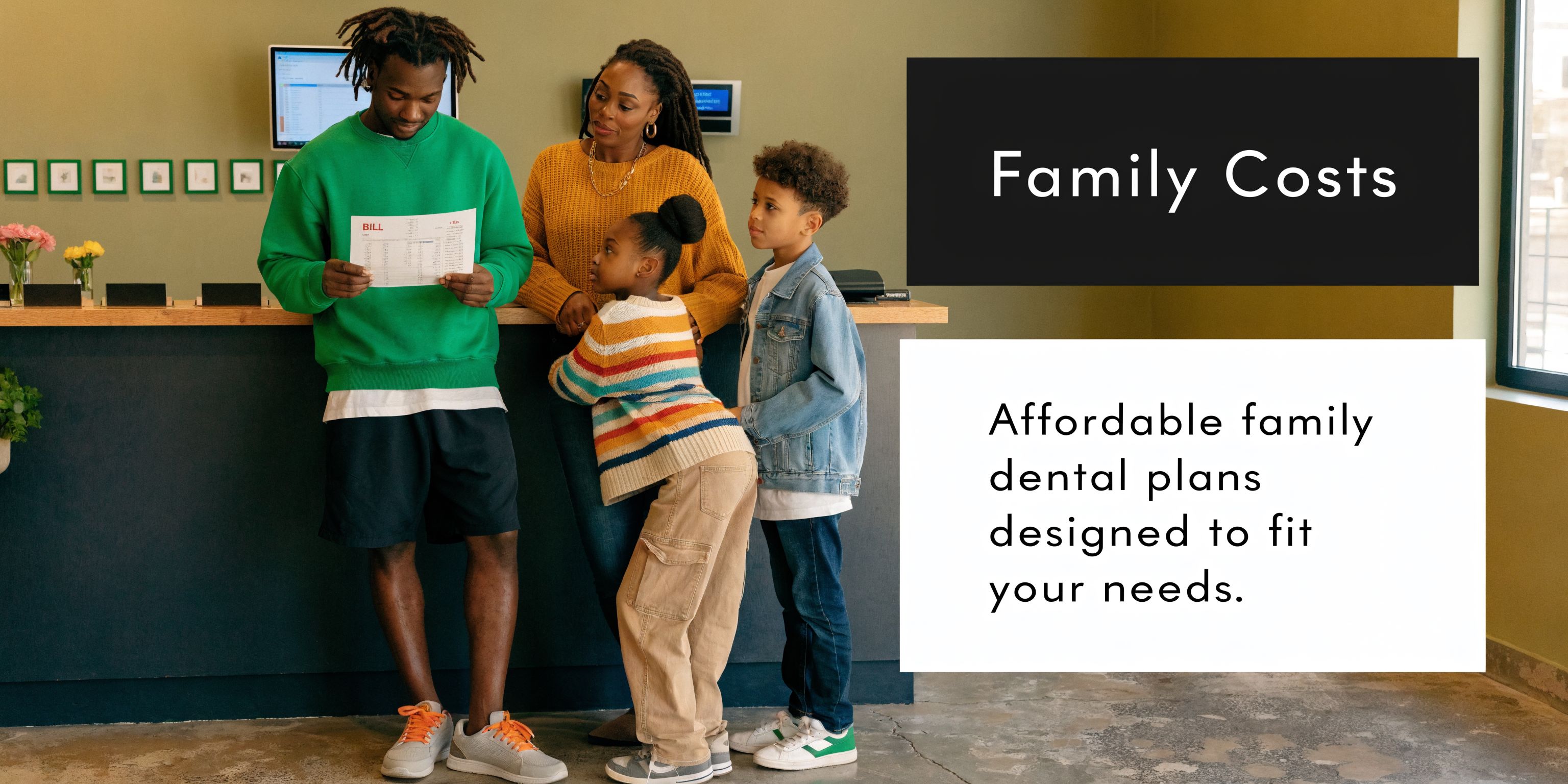 A family of four stands at a reception desk while the father reviews a dental bill.