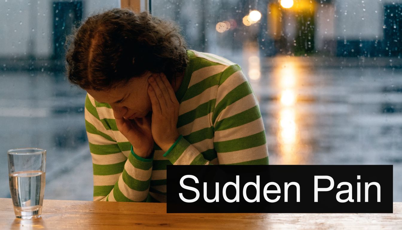 A person sitting at a table feeling sudden facial pain while looking distressed near a rainy window.