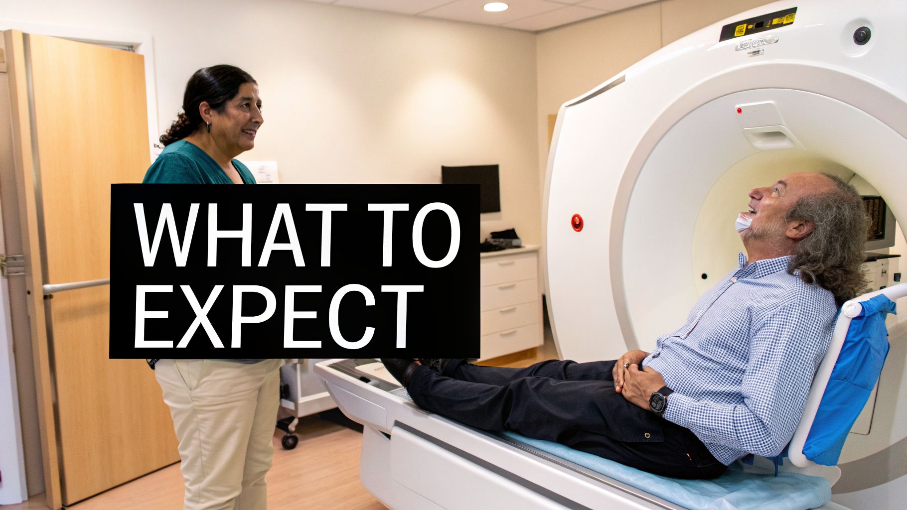 A patient lies in a CT scanner with a female healthcare worker nearby, text overlay says 'WHAT TO EXPECT'.