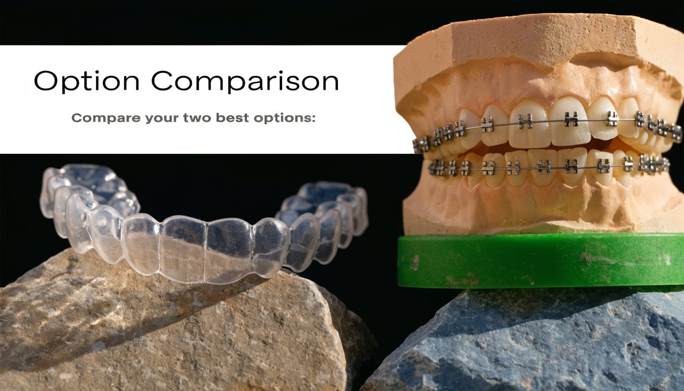 A dental comparison image showing clear plastic aligners next to traditional metal braces on a model.