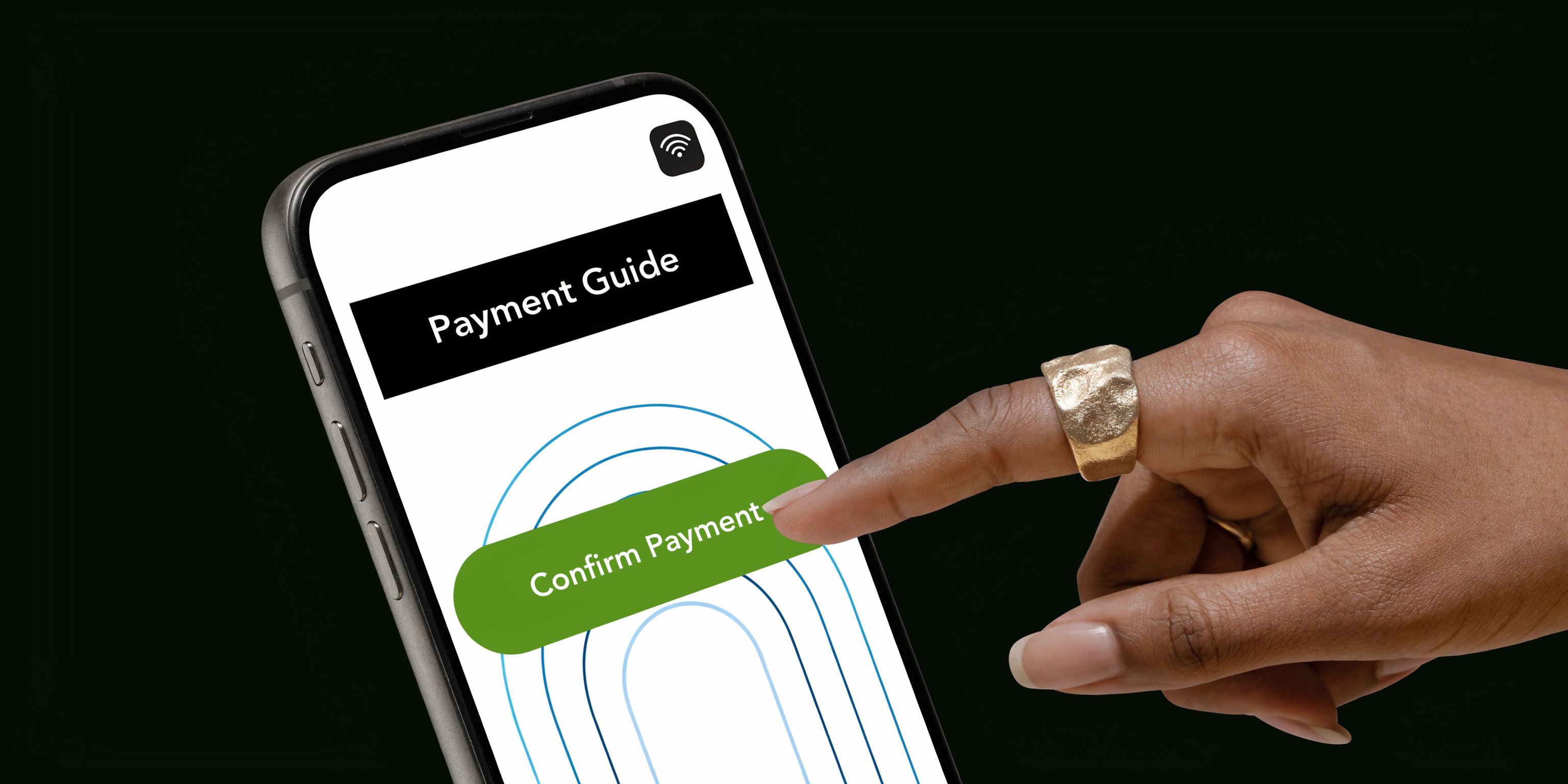 A close-up view of a person pressing the Confirm Payment button on a smartphone screen.