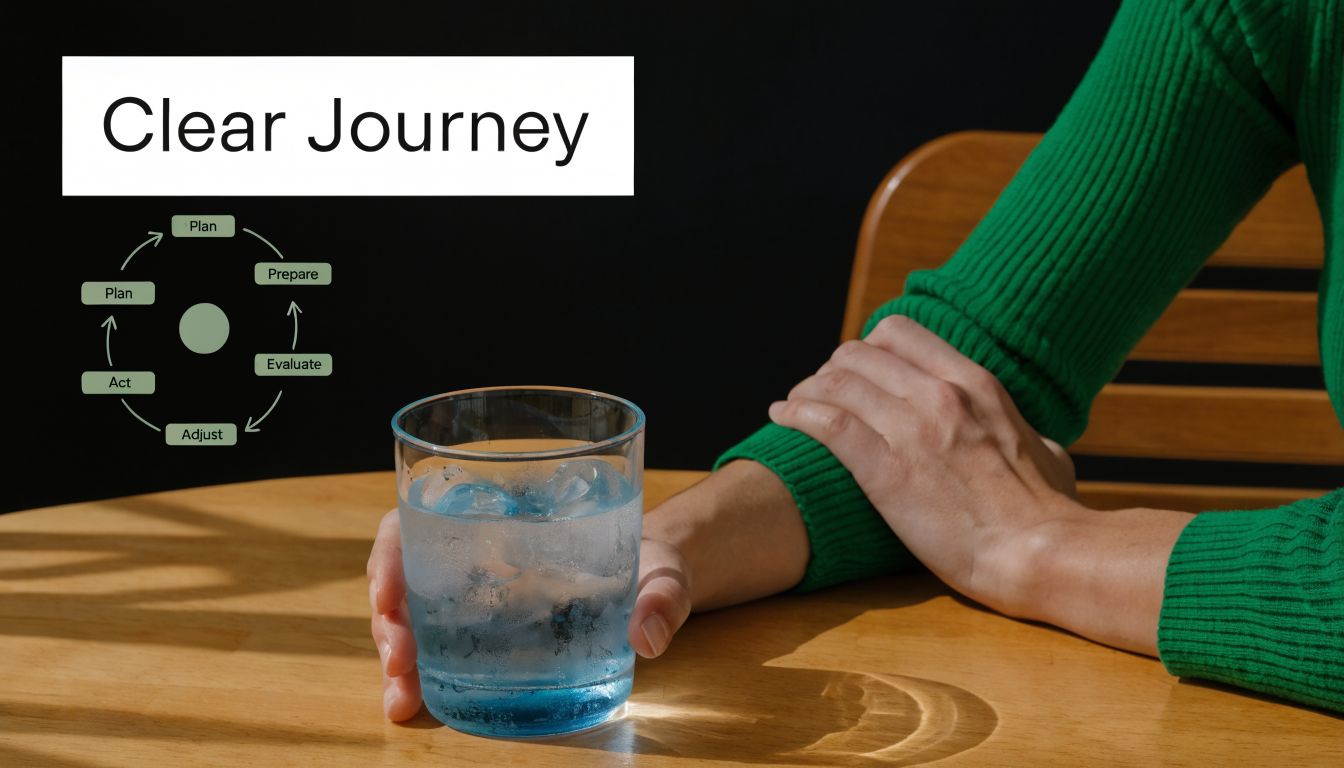 A person in a green sweater holding a glass of iced water beside a clear journey diagram.