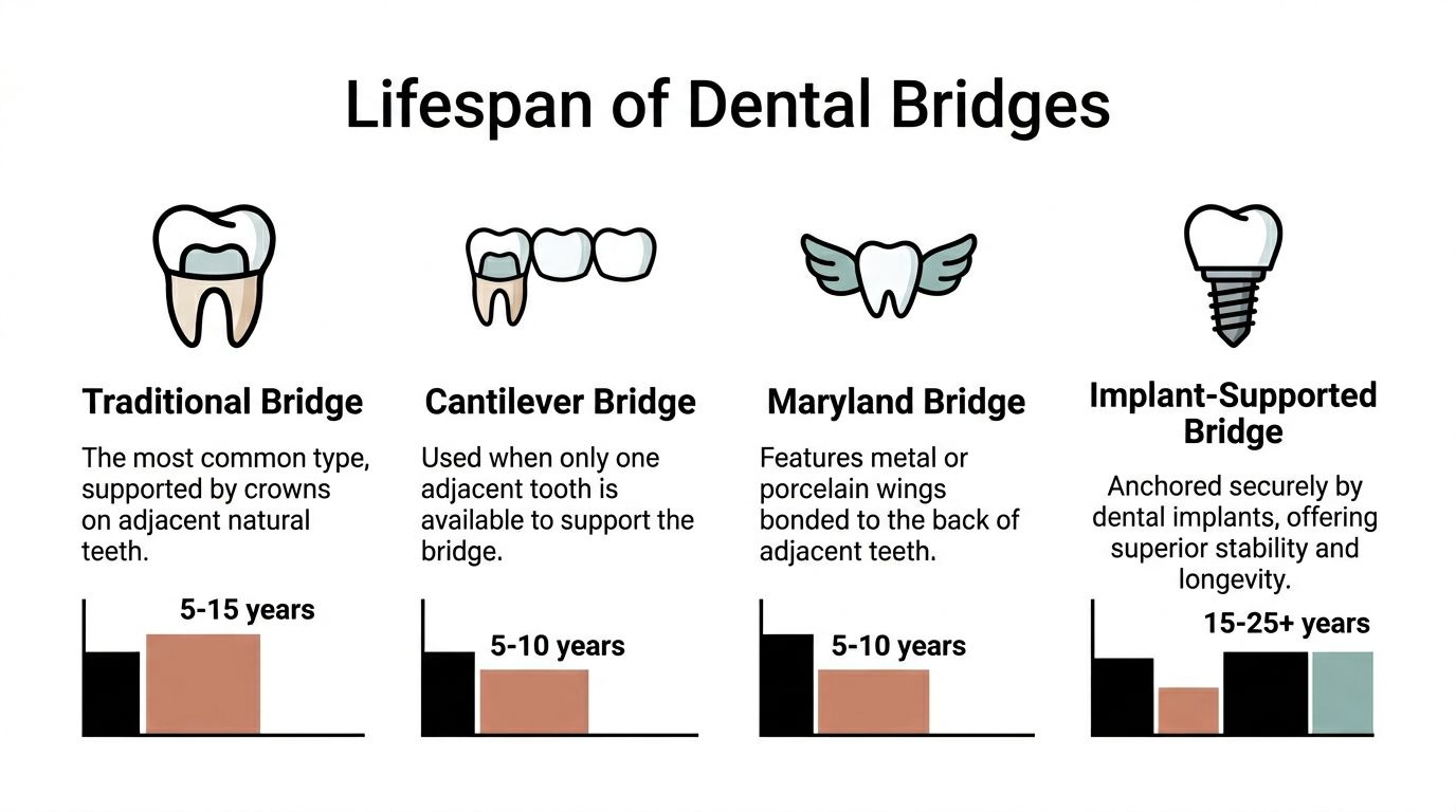 An infographic comparing the lifespans of four different types of dental bridges: traditional, cantilever, Maryland, and implant-supported.