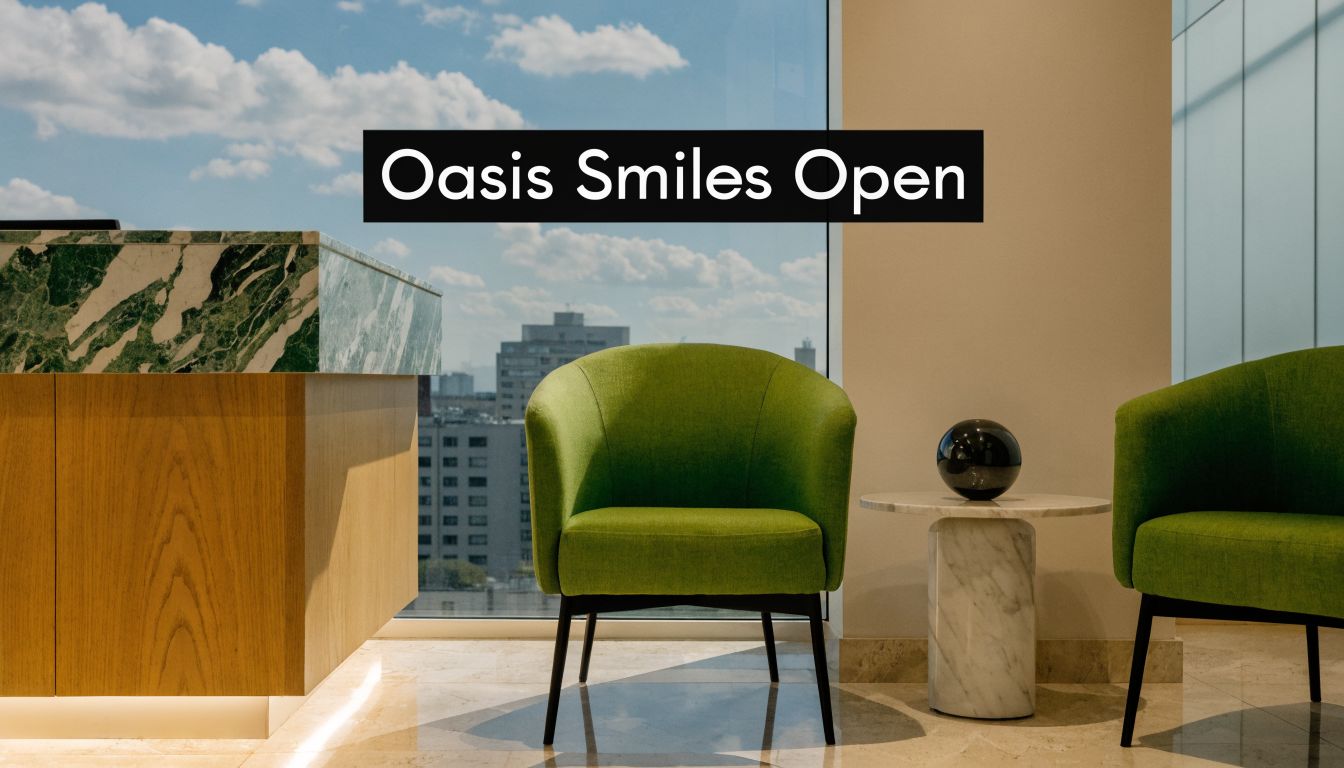 A modern and bright office waiting room featuring green armchairs with a scenic city skyline view.