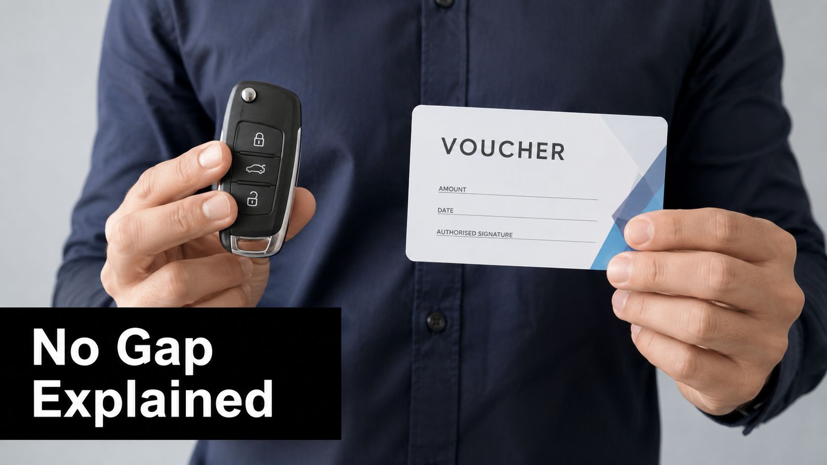 A person holding a car key and a blank voucher in their hands, representing vehicle insurance services.