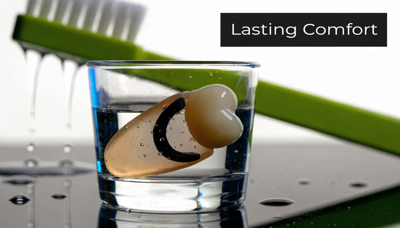 A Valplast single tooth denture floating inside a clear glass of water near a green toothbrush.