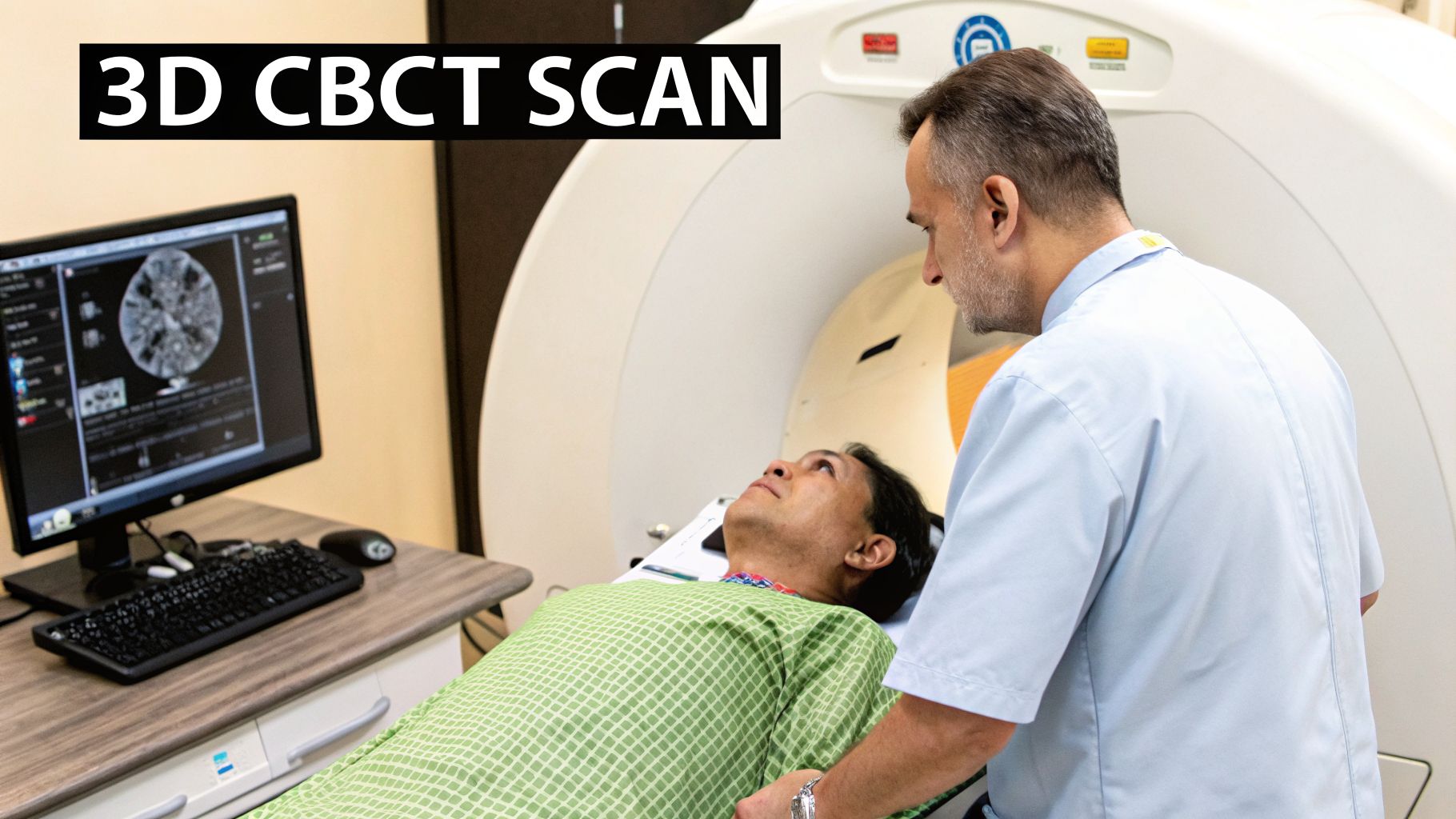 A medical professional assists a patient entering a 3D CBCT scan machine, with scan images on a monitor.