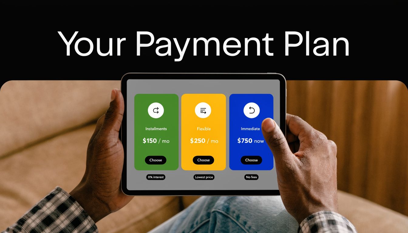 A person holding a tablet displaying three different payment plan options for choosing a dental service.