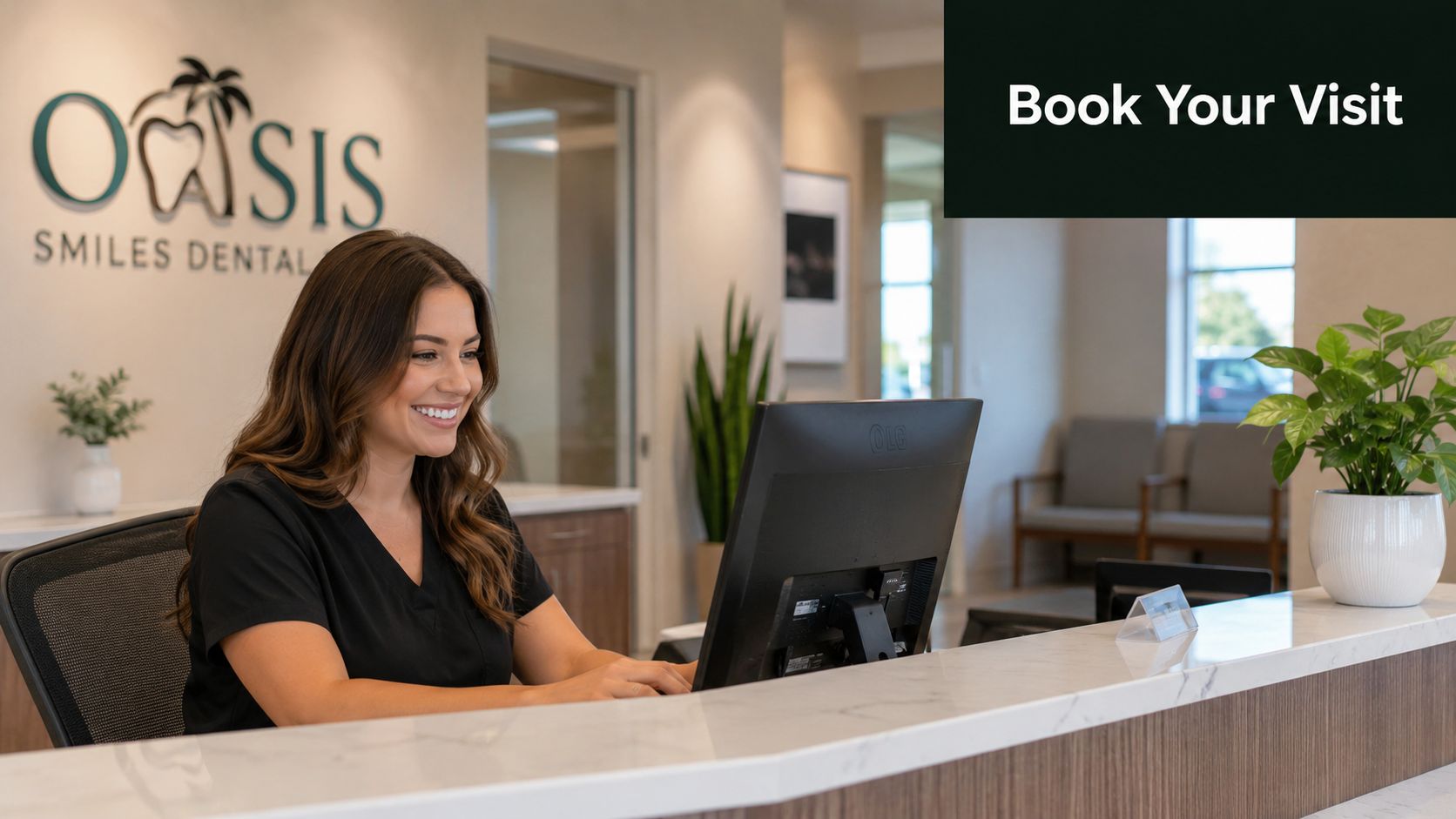 A friendly receptionist smiling while working at a modern dental office front desk with a computer.