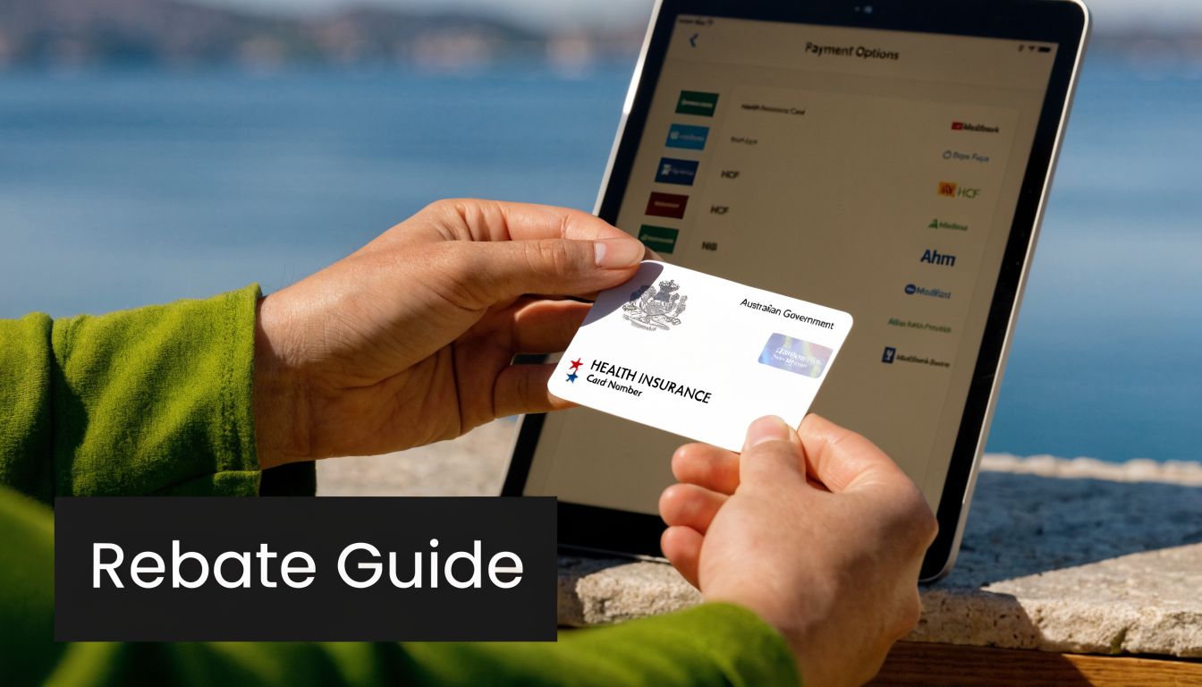 A person holding an Australian health insurance card in front of a tablet screen showing payment options.