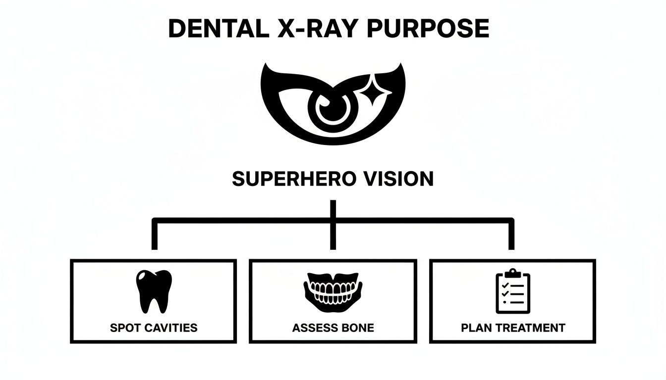 A flowchart showing the purpose of dental X-rays: superhero vision for spotting cavities, assessing bone, and planning treatment.