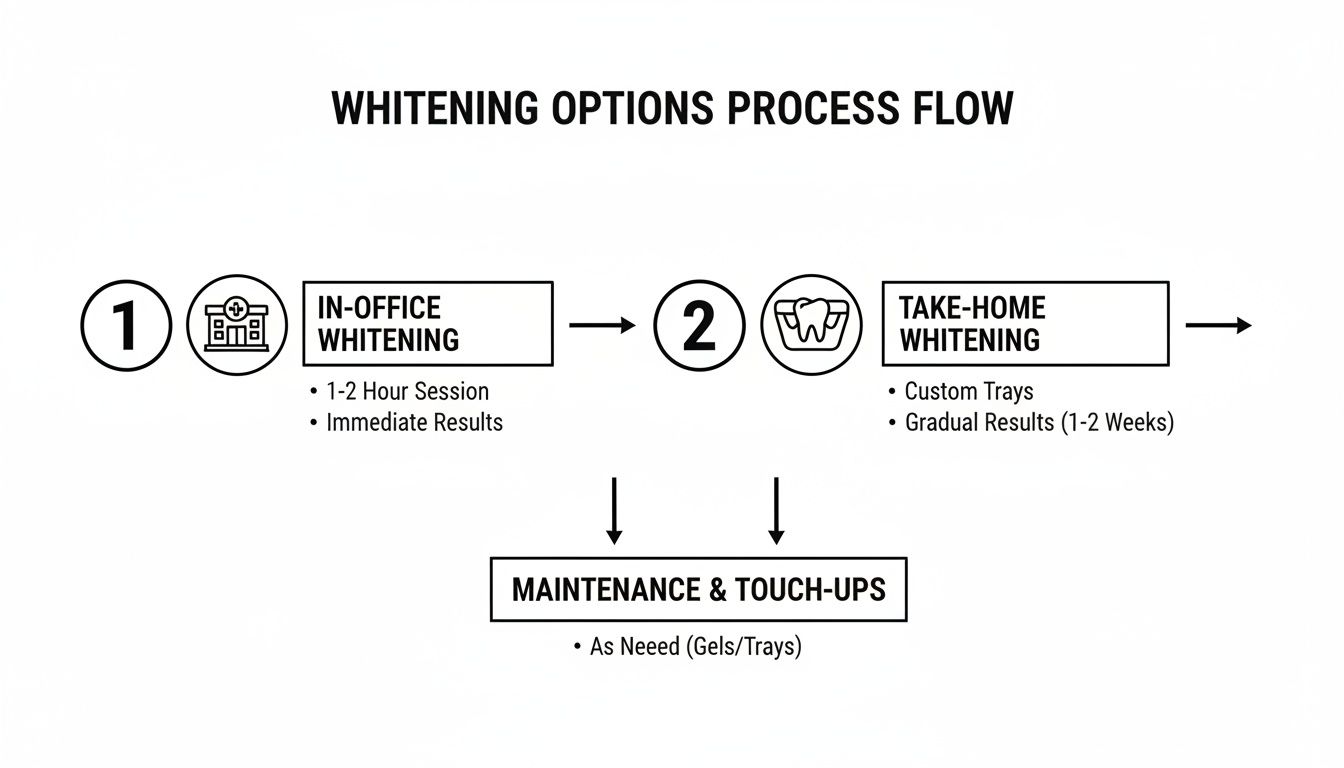A flowchart showing two teeth whitening options: in-office for immediate results, and take-home for gradual results, both leading to maintenance.