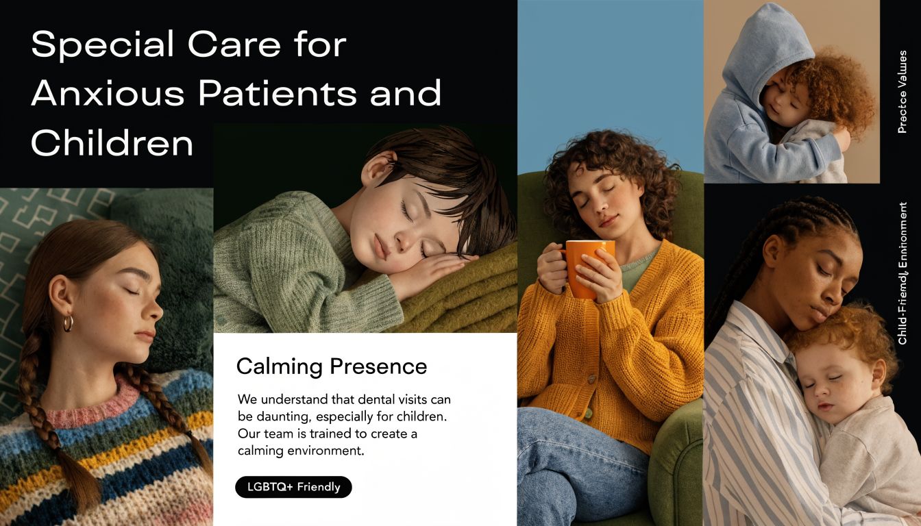 A collage showing comforting images of children and adults sleeping or relaxing to highlight gentle dental care.