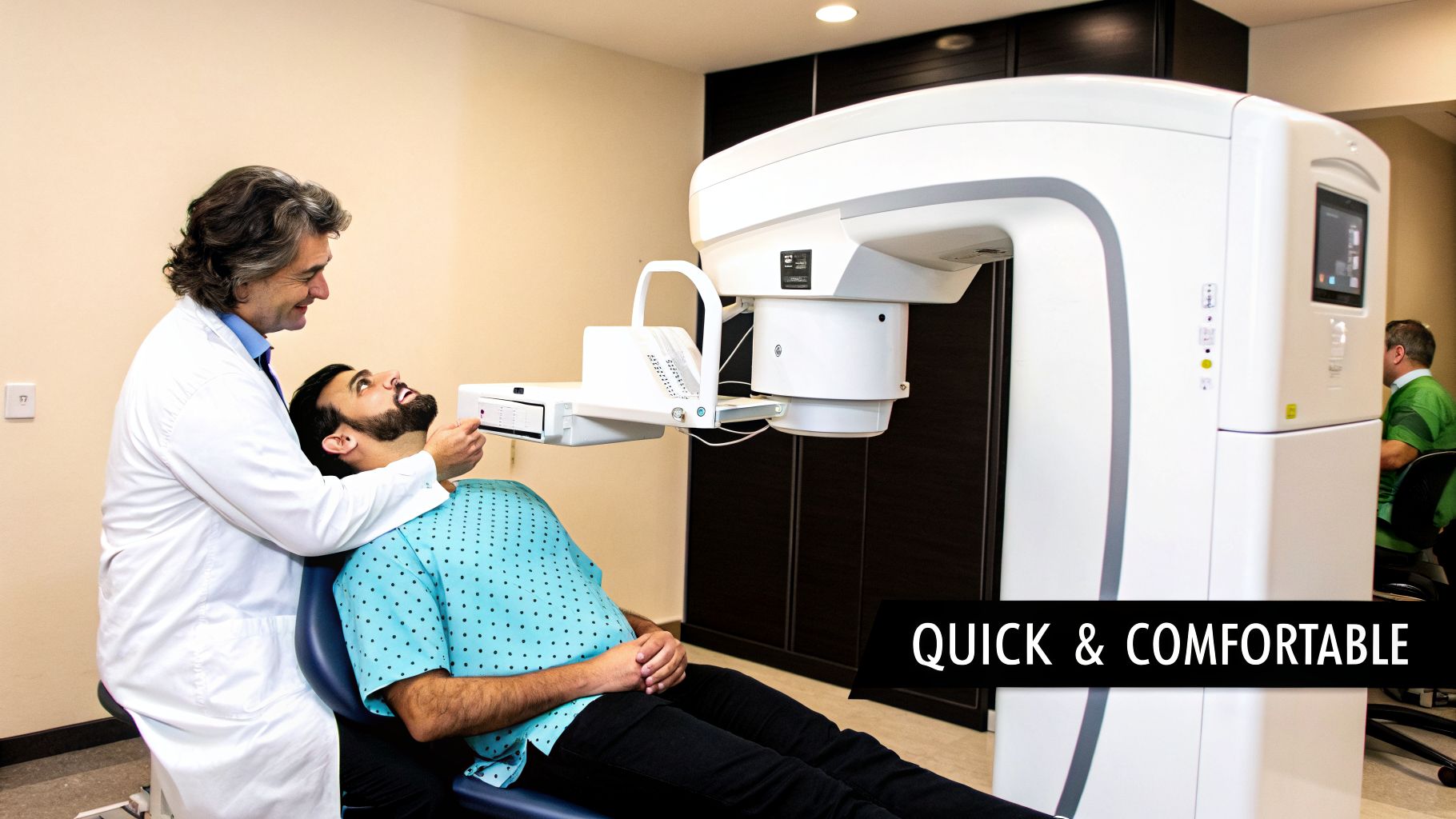 Dentist preparing a smiling patient for a 3D dental radiography scan, ensuring a quick and comfortable experience.