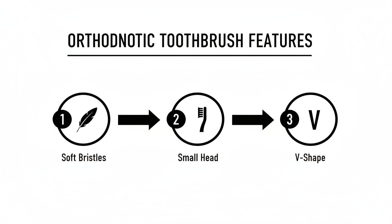 An infographic illustrating three key features of orthodontic toothbrushes: soft bristles, small head, and V-shape.