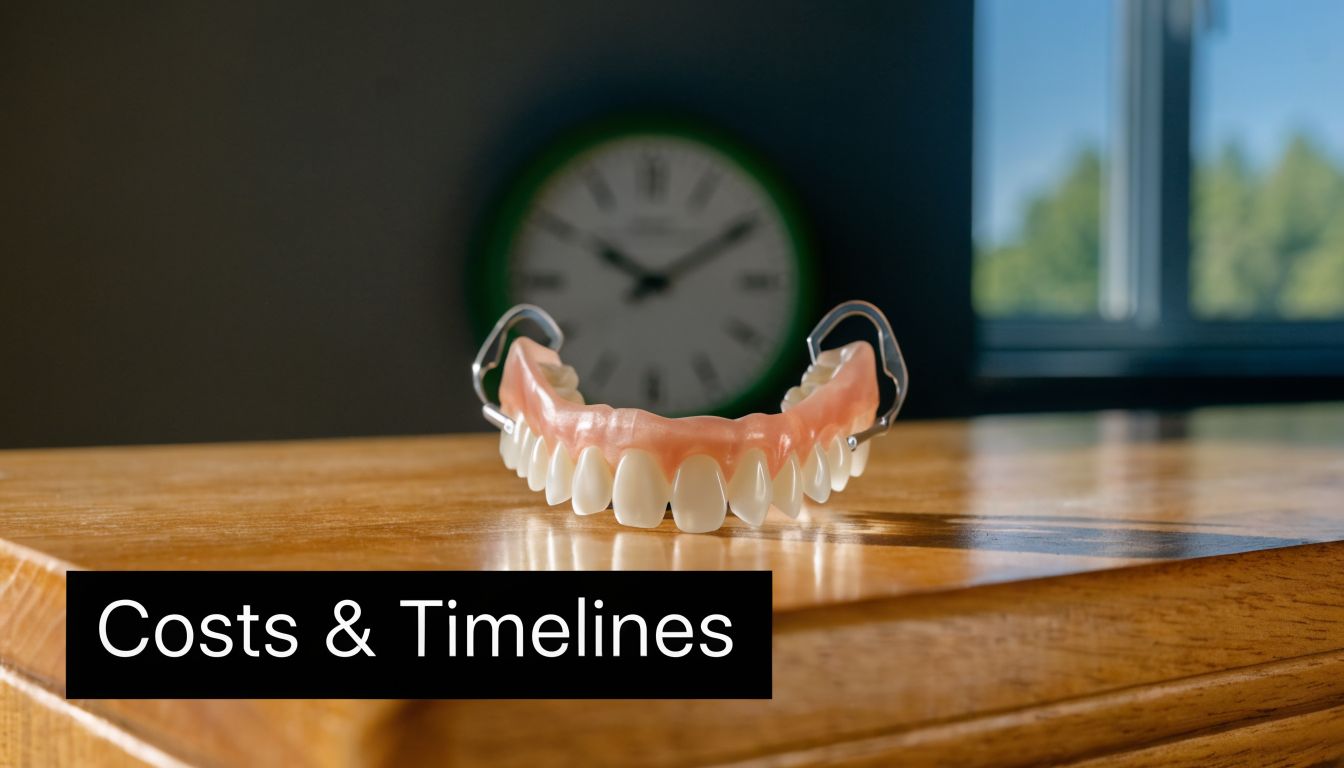 A removable partial denture sits on a wooden surface with a blurry clock in the background.