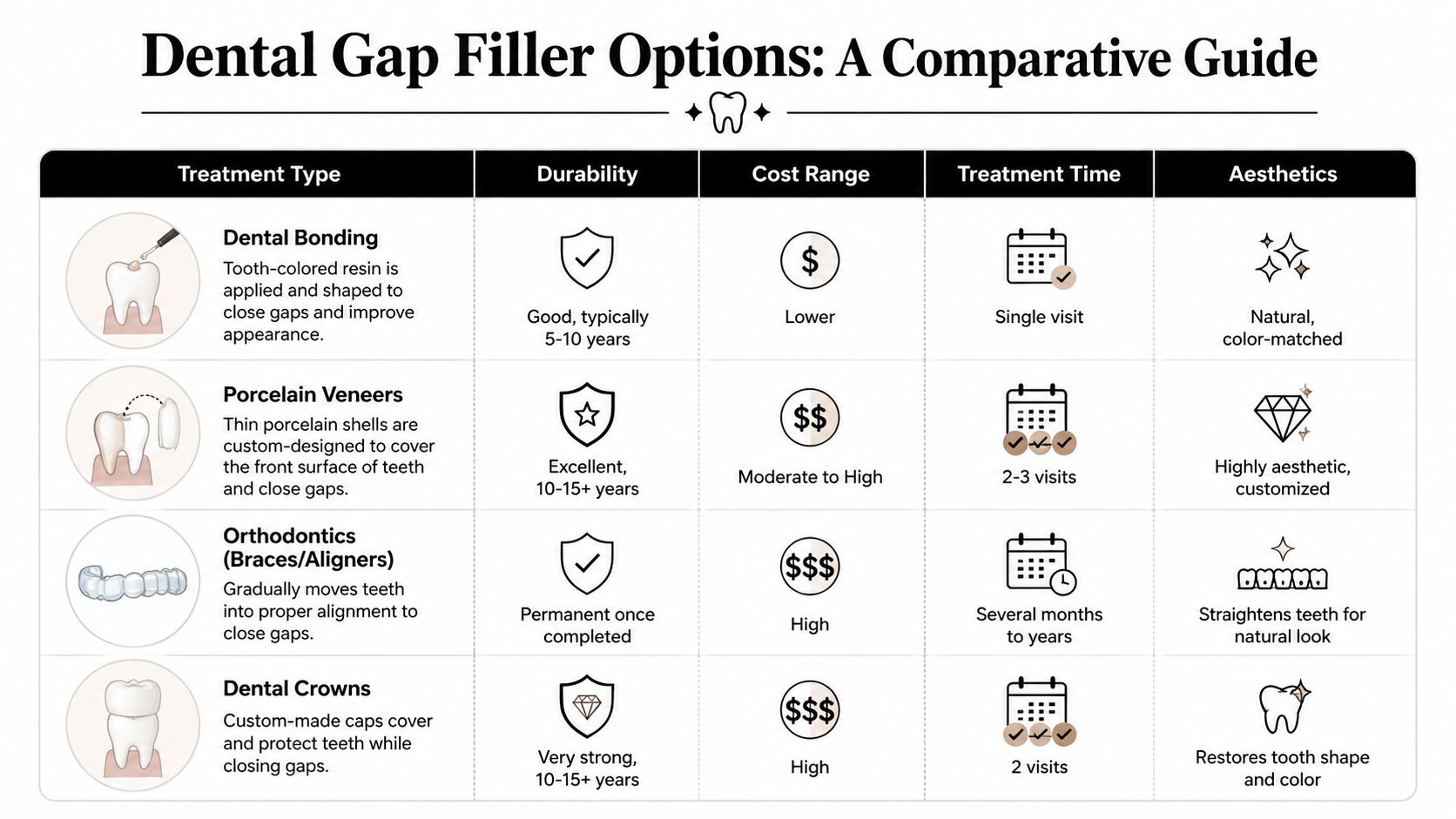 A comparative infographic guide listing four dental gap filler options including bonding, veneers, orthodontics, and crowns.