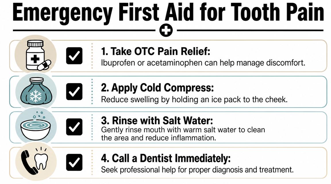 A helpful infographic showing four essential first aid steps for managing severe tooth pain at home.