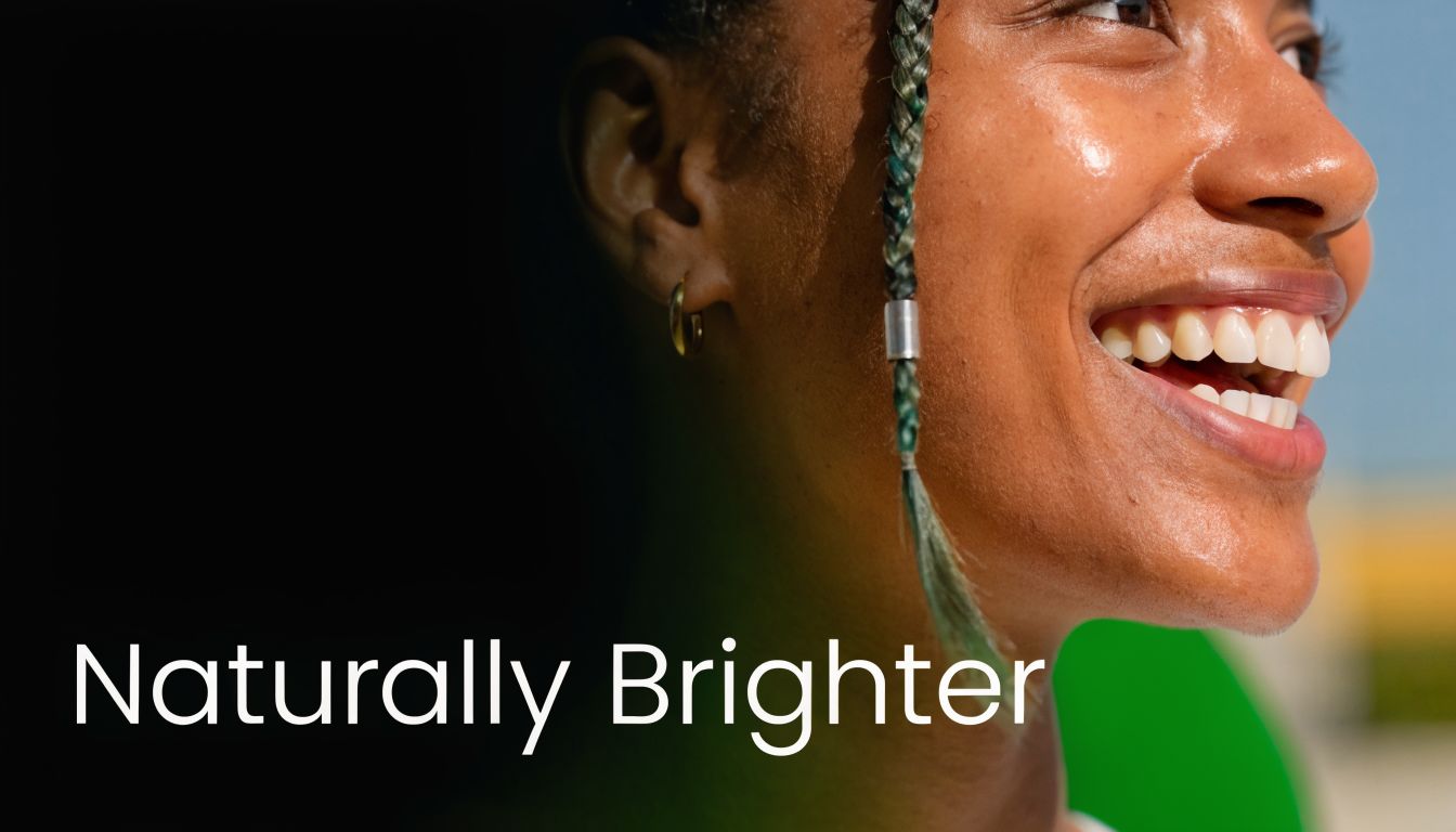 A close-up side profile of a smiling person with healthy white teeth and glowing skin outdoors.