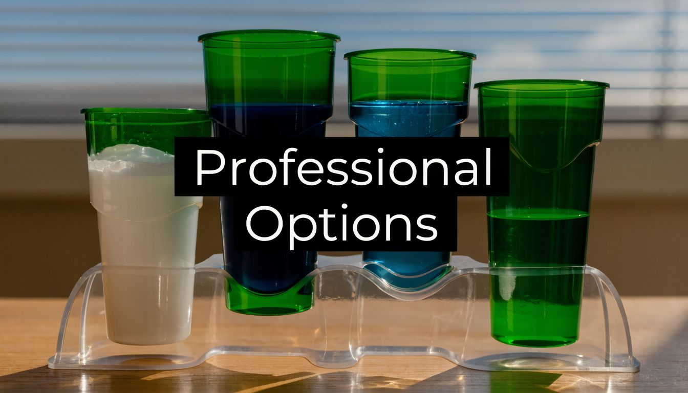Four green cups containing different colored liquids sitting in a clear plastic holder on a wooden table.